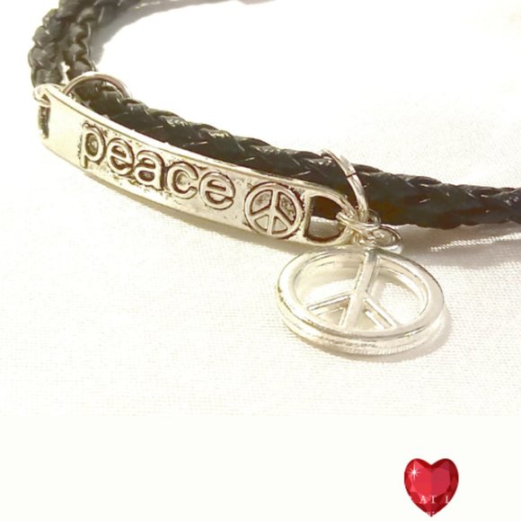 Peace Sign Black Leather Wrap Bracelet - Picture 6 of 8